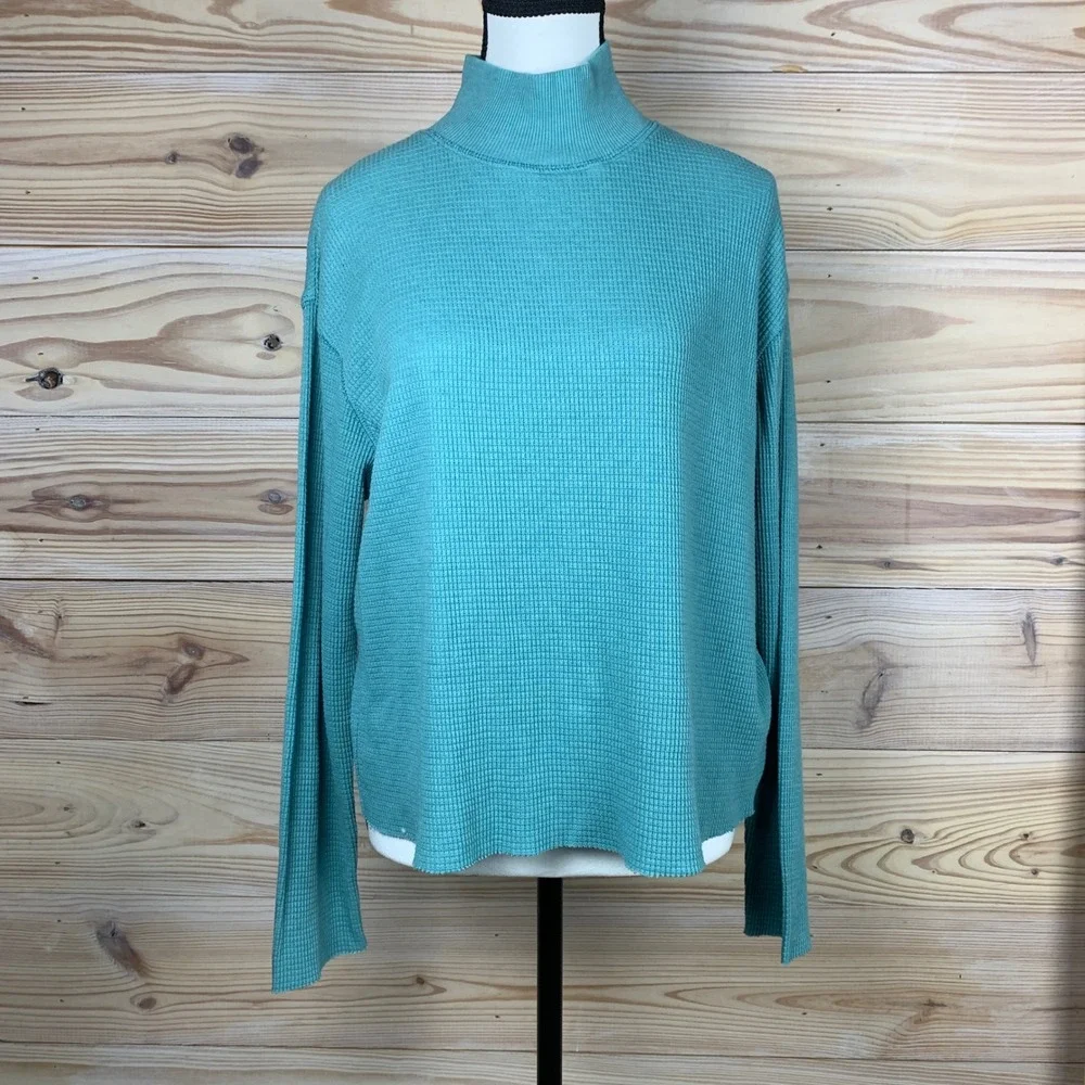 t.la Mock Neck Top Womens L‎ Teal Waffle Knit Long Sleeve Anthropologie Shirt